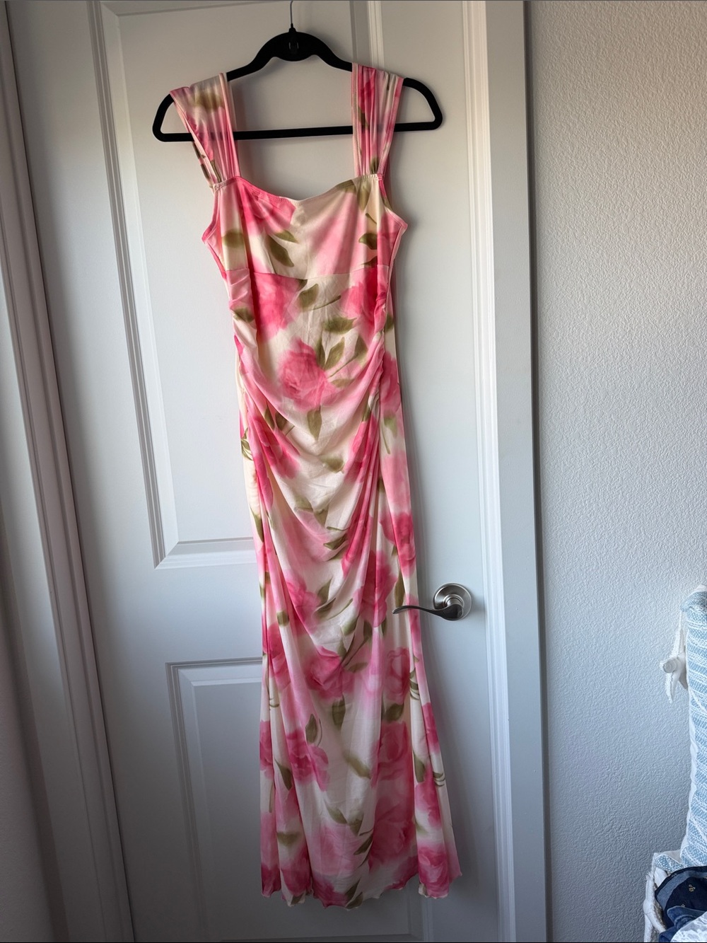 Source Unknown Pink & Green Floral Asymmetrical Maxi Dress